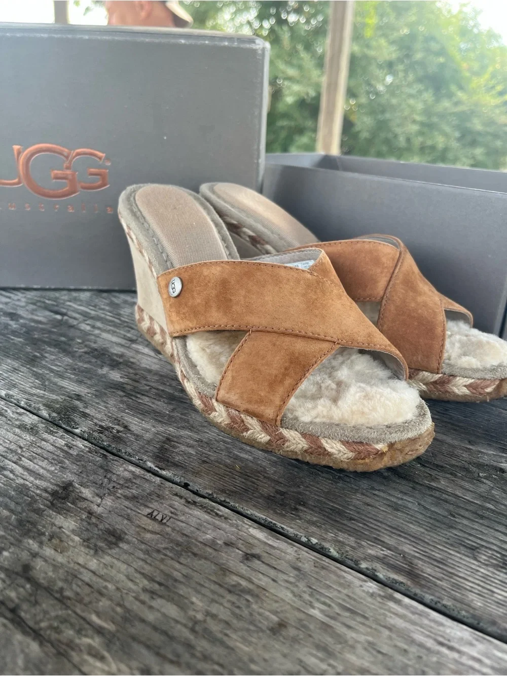 UGG Women's Chestnut Suede Shearling Espadrille Wedges sz 5, with box
